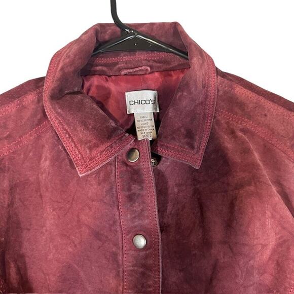 Chico's Red Maroon Leather Suede Collared Button Front Jacket Women Sz 2 Sz M - Picture 5 of 9